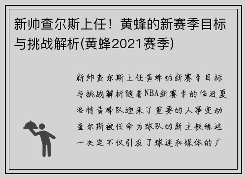 新帅查尔斯上任！黄蜂的新赛季目标与挑战解析(黄蜂2021赛季)