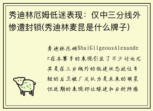 秀迪林厄姆低迷表现：仅中三分线外惨遭封锁(秀迪林麦昆是什么牌子)