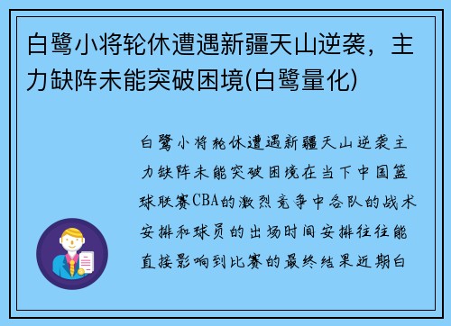 白鹭小将轮休遭遇新疆天山逆袭，主力缺阵未能突破困境(白鹭量化)