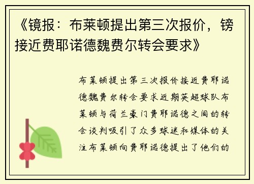 《镜报：布莱顿提出第三次报价，镑接近费耶诺德魏费尔转会要求》