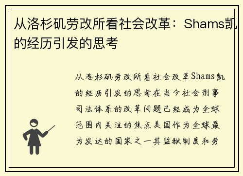 从洛杉矶劳改所看社会改革：Shams凯的经历引发的思考