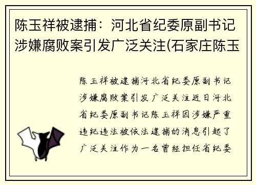 陈玉祥被逮捕：河北省纪委原副书记涉嫌腐败案引发广泛关注(石家庄陈玉联个人简历资料)